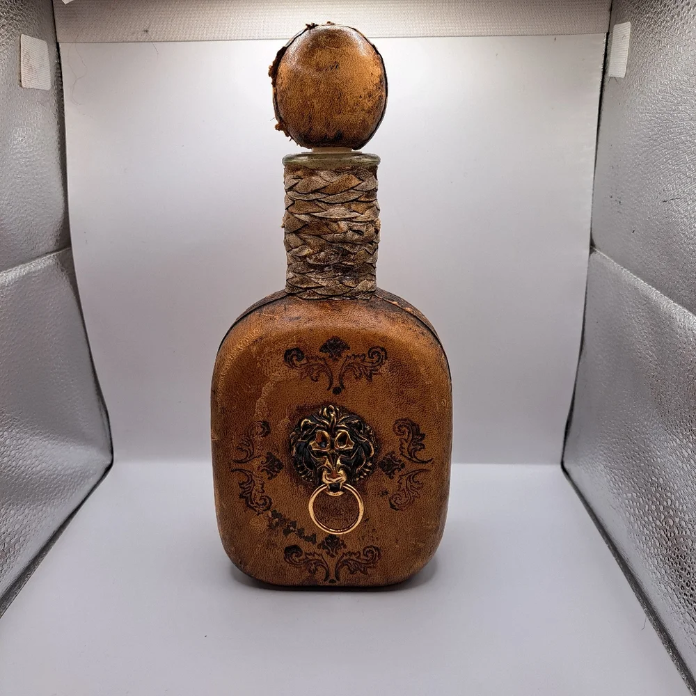 Vintage Leather Wrapped Italian Decanter with Lion